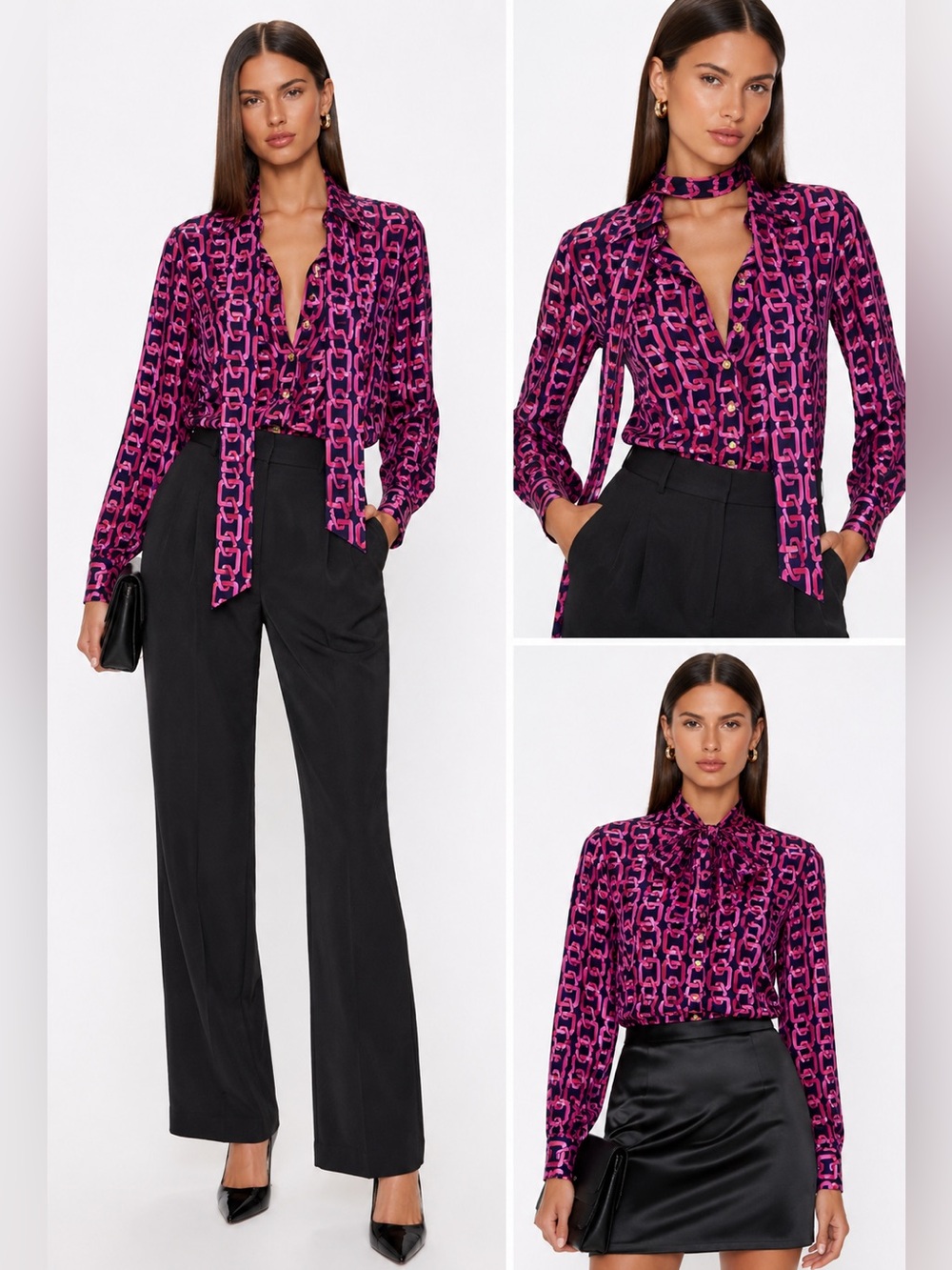 Milly Silk Geometric Tie Neck Blouse Pink Black Size 8